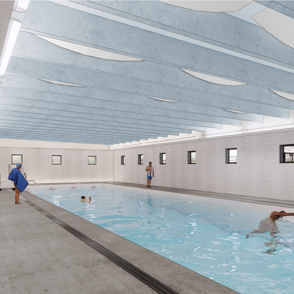 Rendering of people swimming in apartment indoor pool